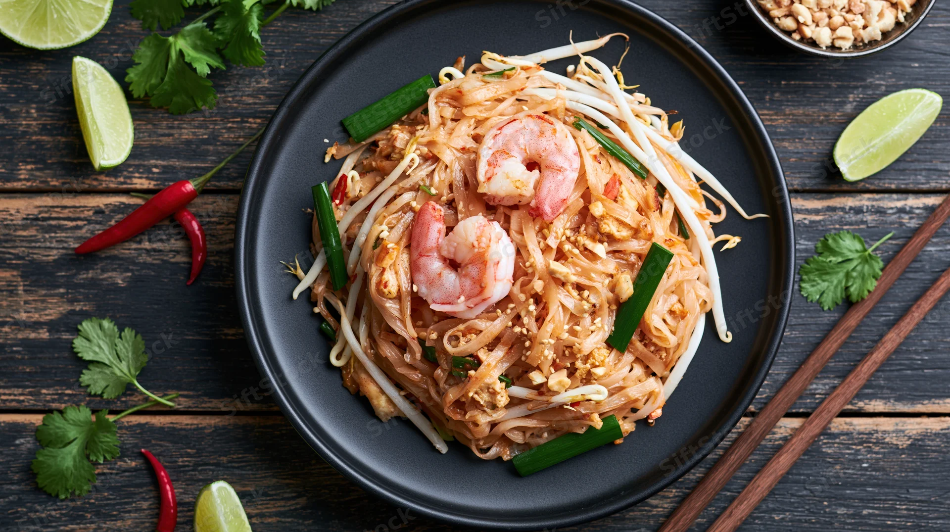 Pad thai with shrimp served on a black plate with lime, chili, cilantro and chopsticks on a dark wooden table