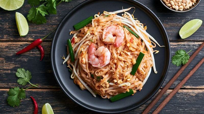 Pad thai with shrimp served on a black plate with lime, chili, cilantro and chopsticks on a dark wooden table