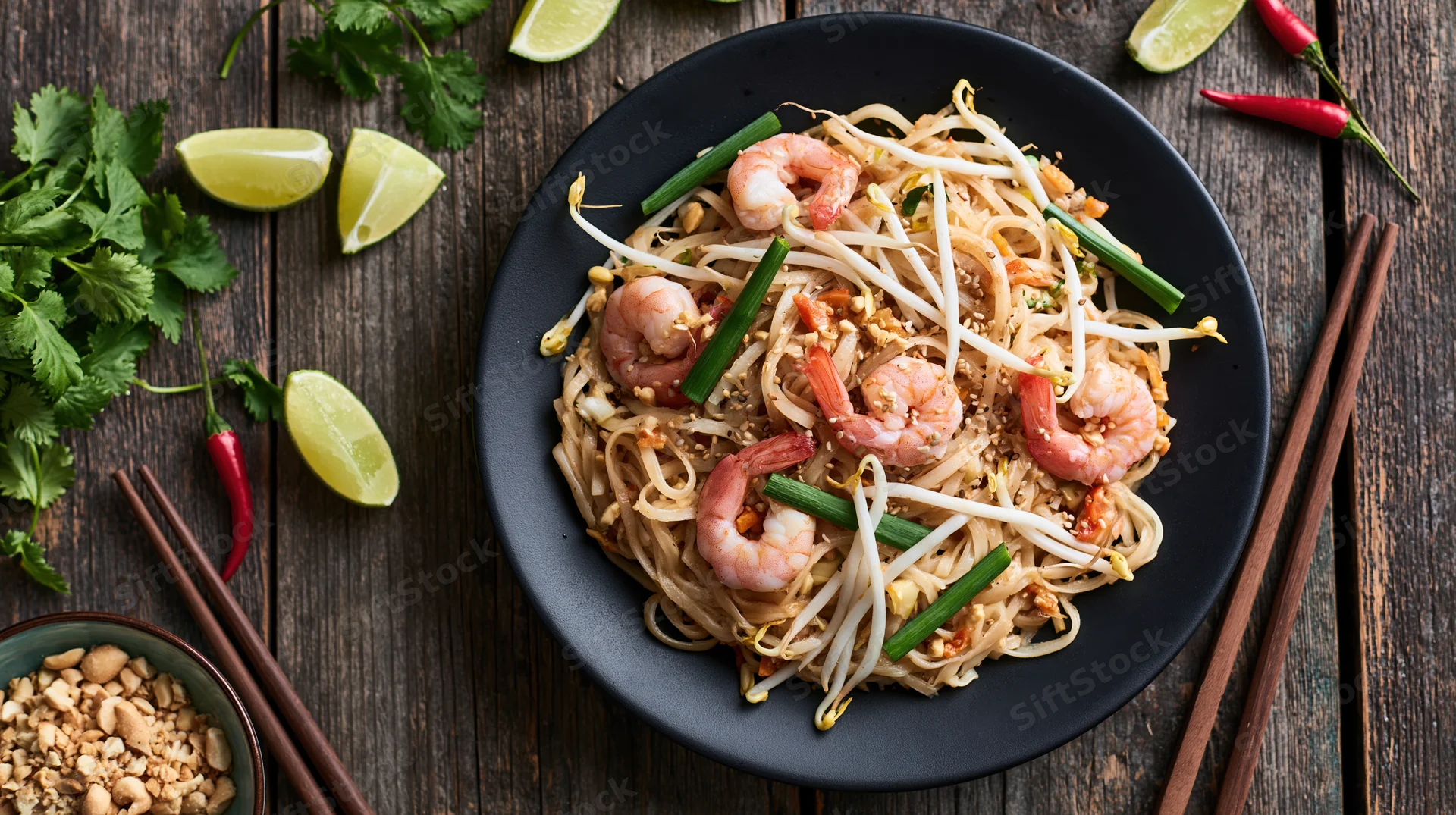 Pad thai with shrimp on a black plate surrounded by lime wedges, cilantro, chili peppers, peanuts, and chopsticks on a wooden table