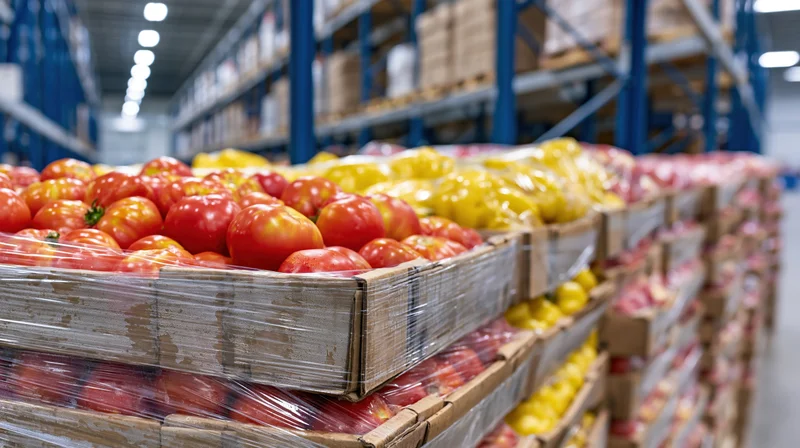 Pallets of red tomatoes and yellow peppers in cardboard crates stacked in a warehouse aisle