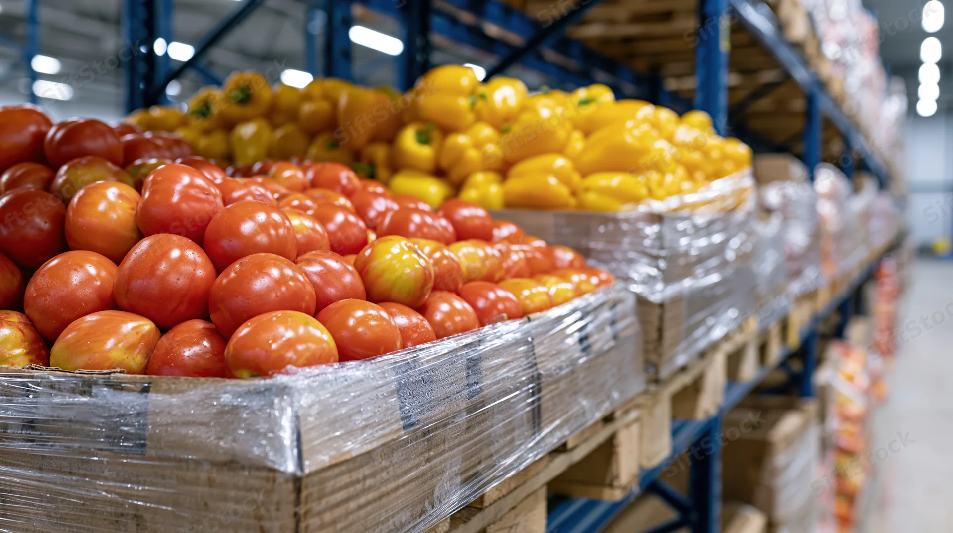Red tomatoes and yellow peppers in crates on pallets in a warehouse storage area