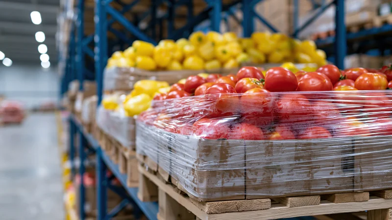 Pallets of red tomatoes and yellow peppers wrapped in plastic in a warehouse storage area