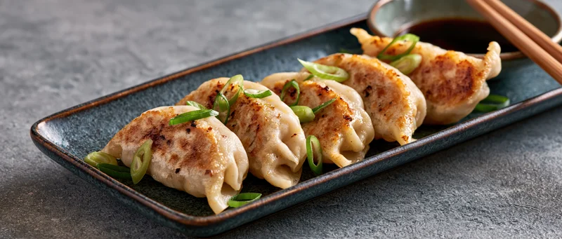 Pan-fried gyoza dumplings arranged in a row on a dark rectangular plate with green onions and soy sauce bowl beside chopsticks