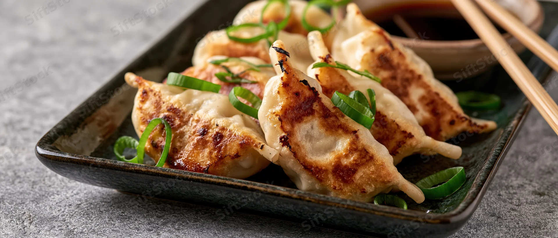 Pan-fried gyoza dumplings arranged in a row on a dark rectangular plate with green onions and dipping sauce, chopsticks beside