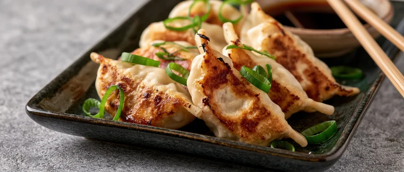 Pan-fried gyoza dumplings arranged in a row on a dark rectangular plate with green onions and dipping sauce, chopsticks beside