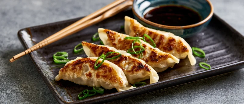 Pan-fried gyoza dumplings arranged in a row on a dark rectangular ceramic plate with chopsticks and soy sauce