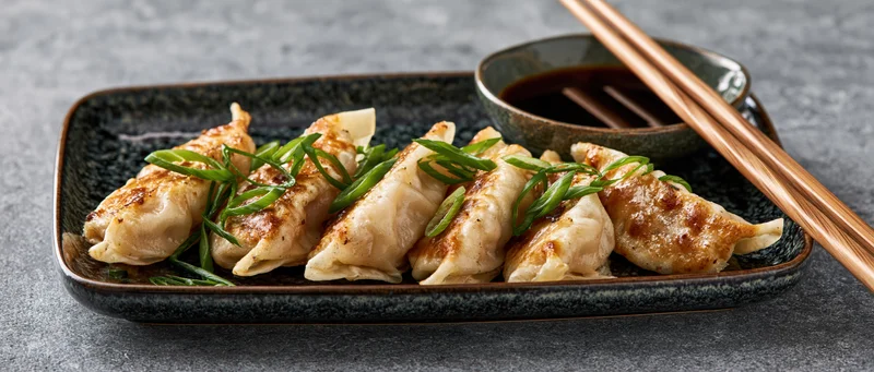 Pan-fried gyoza dumplings arranged in a row on a dark rectangular plate with soy sauce and chopsticks