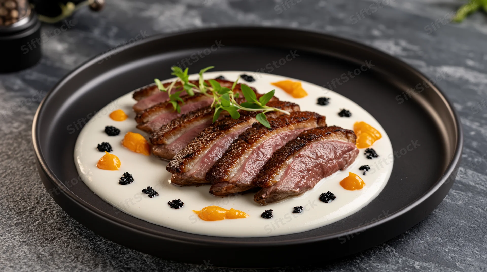 Sliced seared duck breast on cream sauce with orange and caviar garnish on black plate