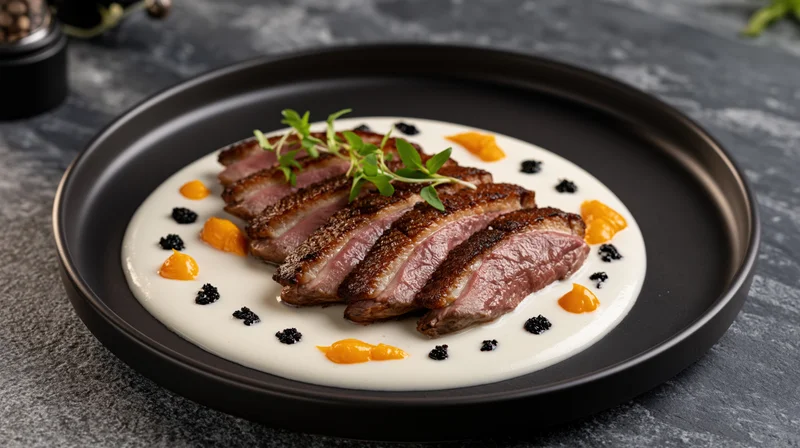 Sliced seared duck breast on cream sauce with orange and caviar garnish on black plate