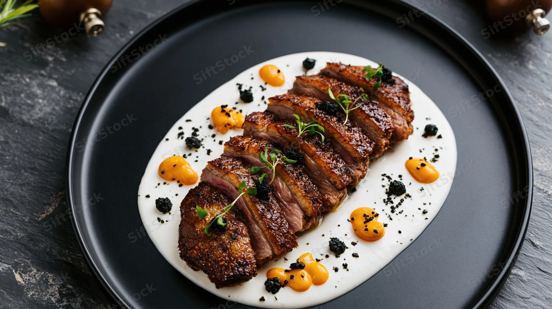 Sliced seared duck breast on white sauce with orange dots and microgreens on black plate