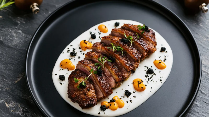 Sliced seared duck breast on white sauce with orange dots and microgreens on black plate