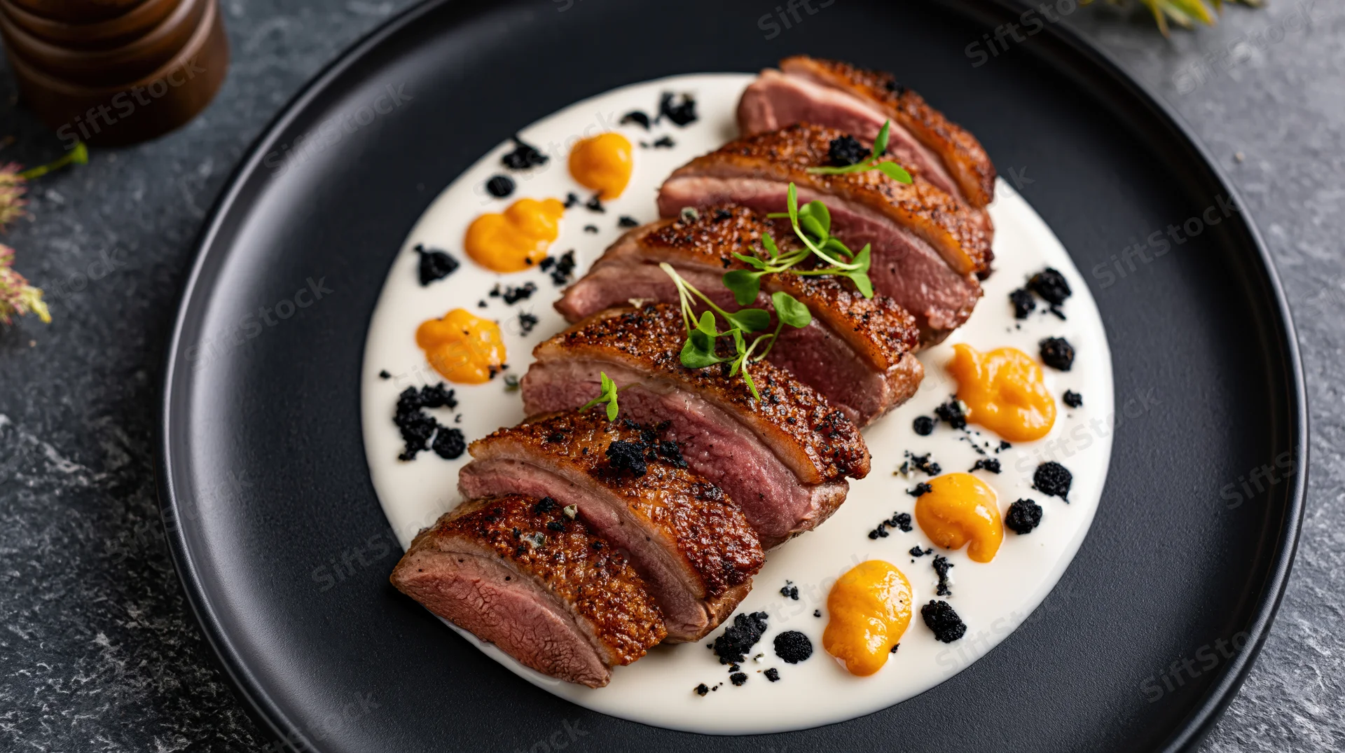Sliced seared duck breast on a matte black plate with cream sauce and orange garnish