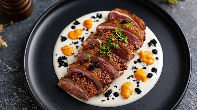 Sliced seared duck breast on a matte black plate with cream sauce and orange garnish
