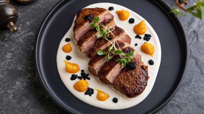 Sliced seared duck breast on a black plate with cream sauce and fruit garnish