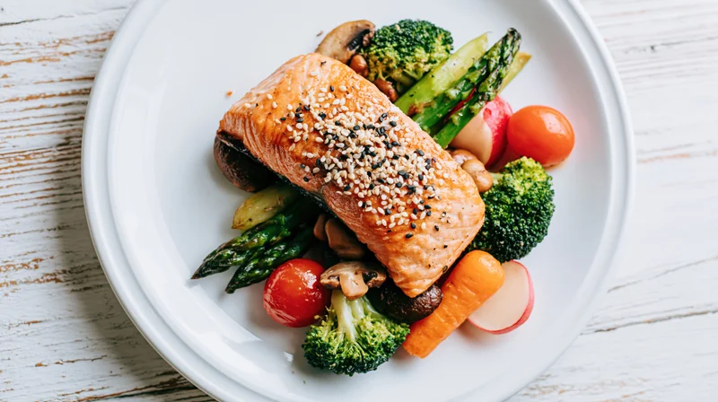 Pan-seared salmon fillet topped with sesame seeds served on a bed of vegetables on a white plate