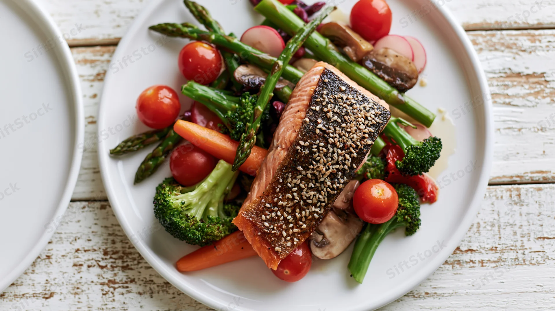 Pan-seared salmon fillet topped with sesame seeds on a bed of mixed vegetables served on a white plate on a rustic wooden table