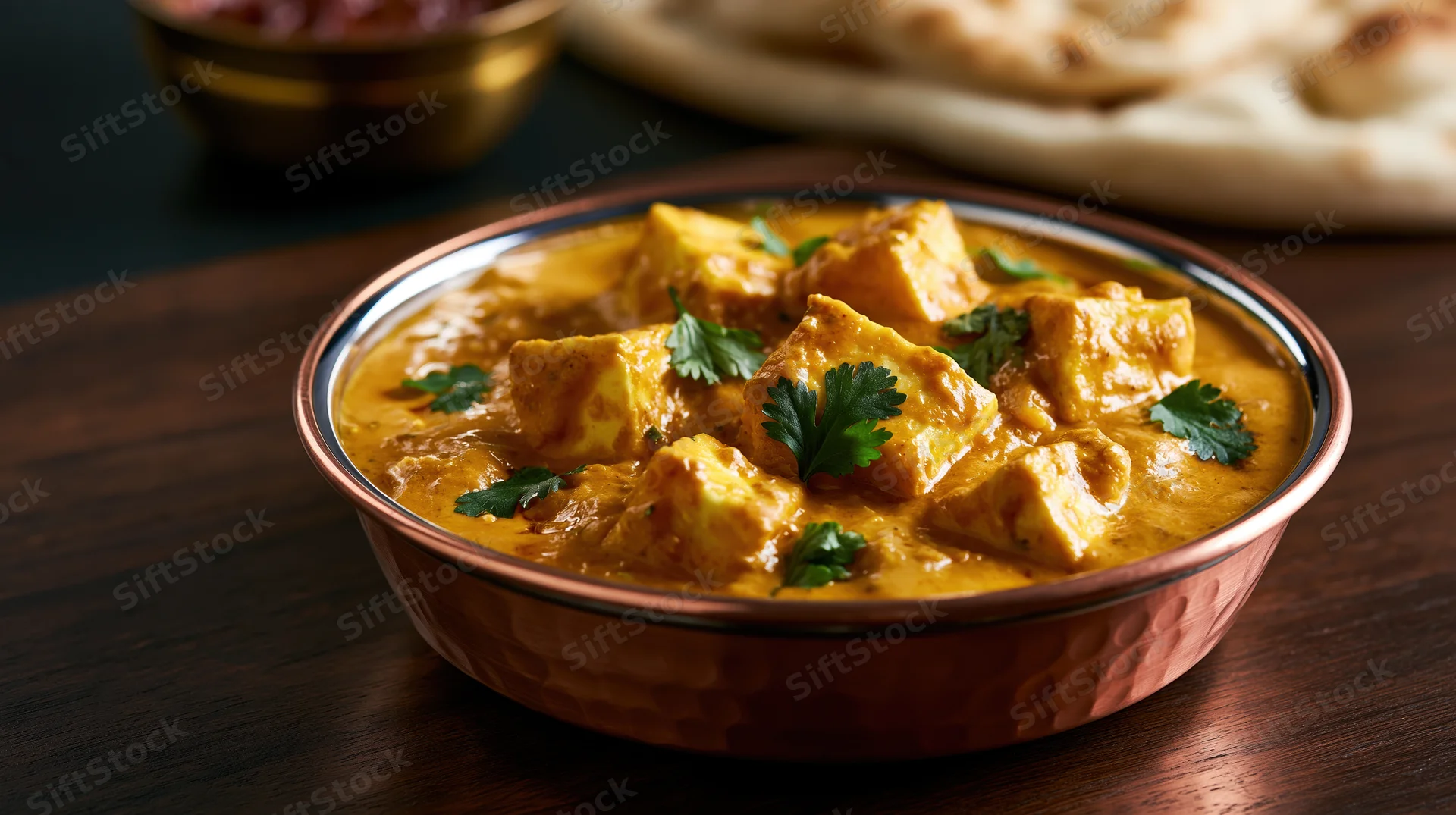 Paneer curry in a copper-rimmed karahi bowl with cilantro garnish on a dark wooden table