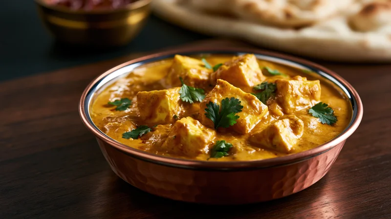 Paneer curry in a copper-rimmed karahi bowl with cilantro garnish on a dark wooden table