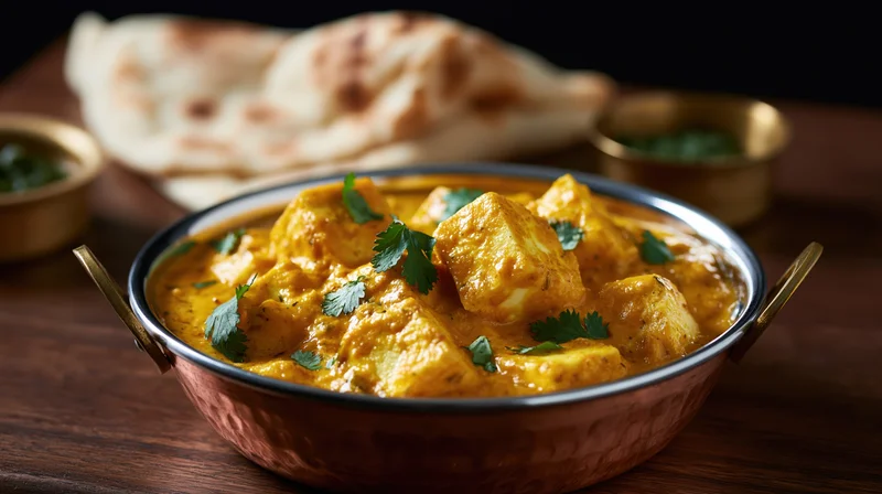 Paneer curry in a copper karahi bowl with cilantro garnish and naan bread on a wooden table