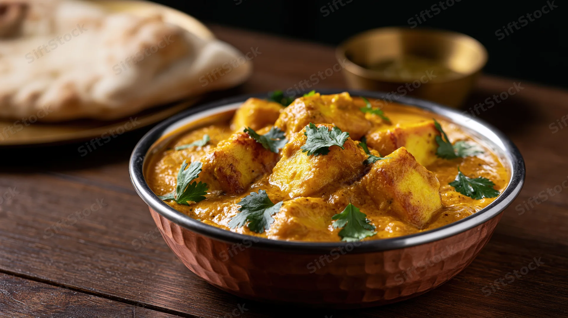 Paneer curry in a copper-rimmed karahi bowl with cilantro garnish on a wooden table