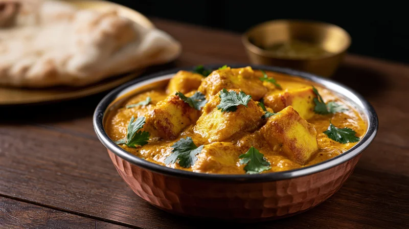 Paneer curry in a copper-rimmed karahi bowl with cilantro garnish on a wooden table
