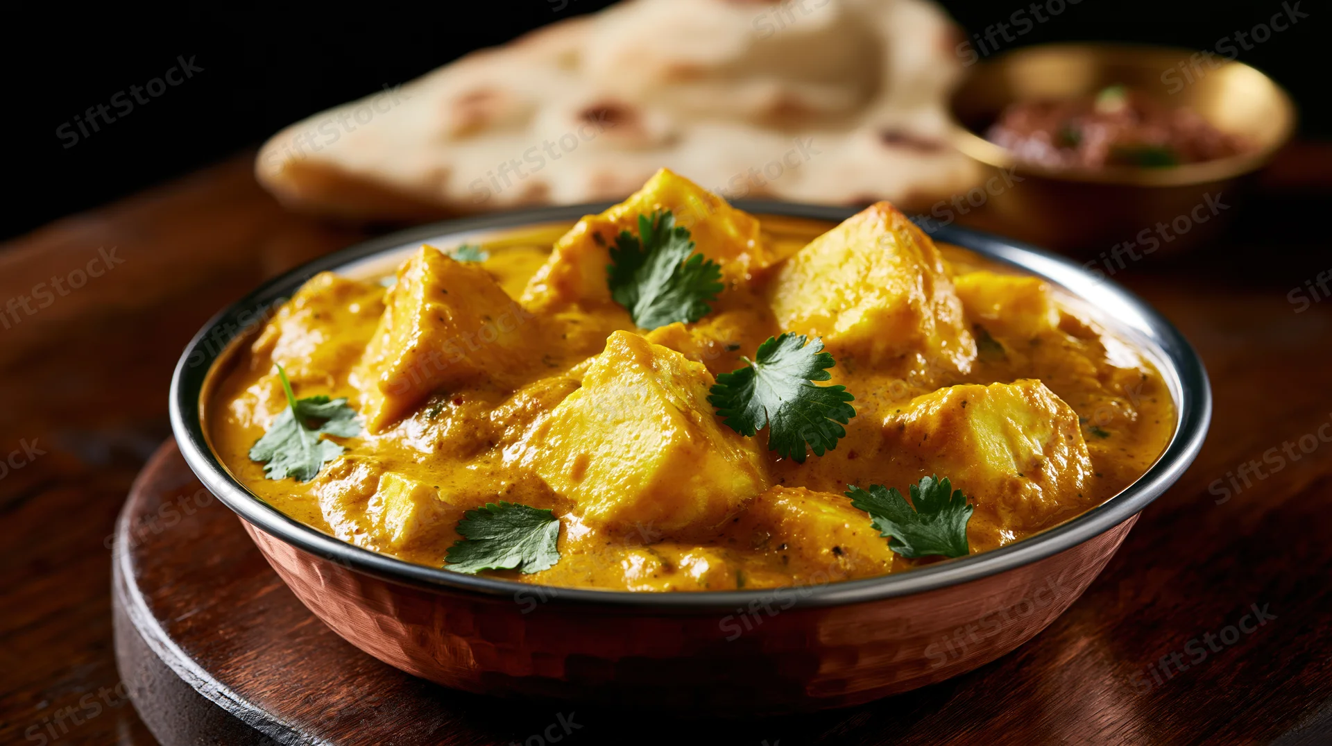 Paneer curry in a copper-rimmed karahi bowl with cilantro garnish on a wooden table