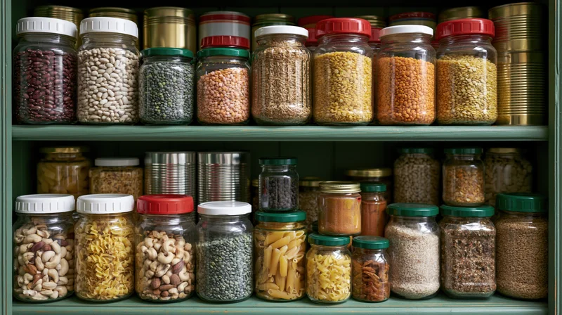 Pantry shelves filled with glass jars of dried beans lentils