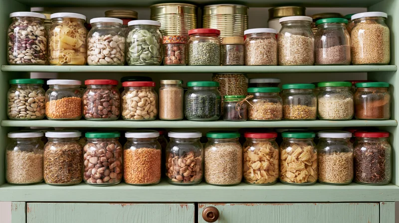 Pantry shelves filled with glass jars of dried beans and lentils arranged in rows on green wooden cabinet