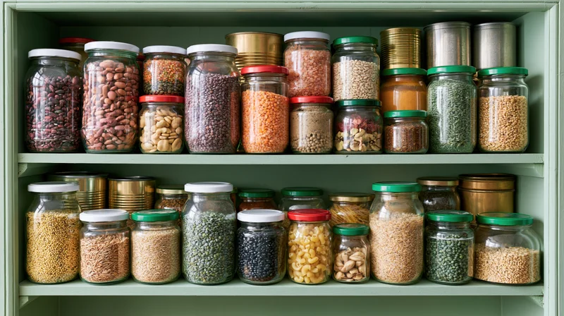 Pantry shelves filled with glass jars of dried beans and lentils arranged neatly in a kitchen cabinet