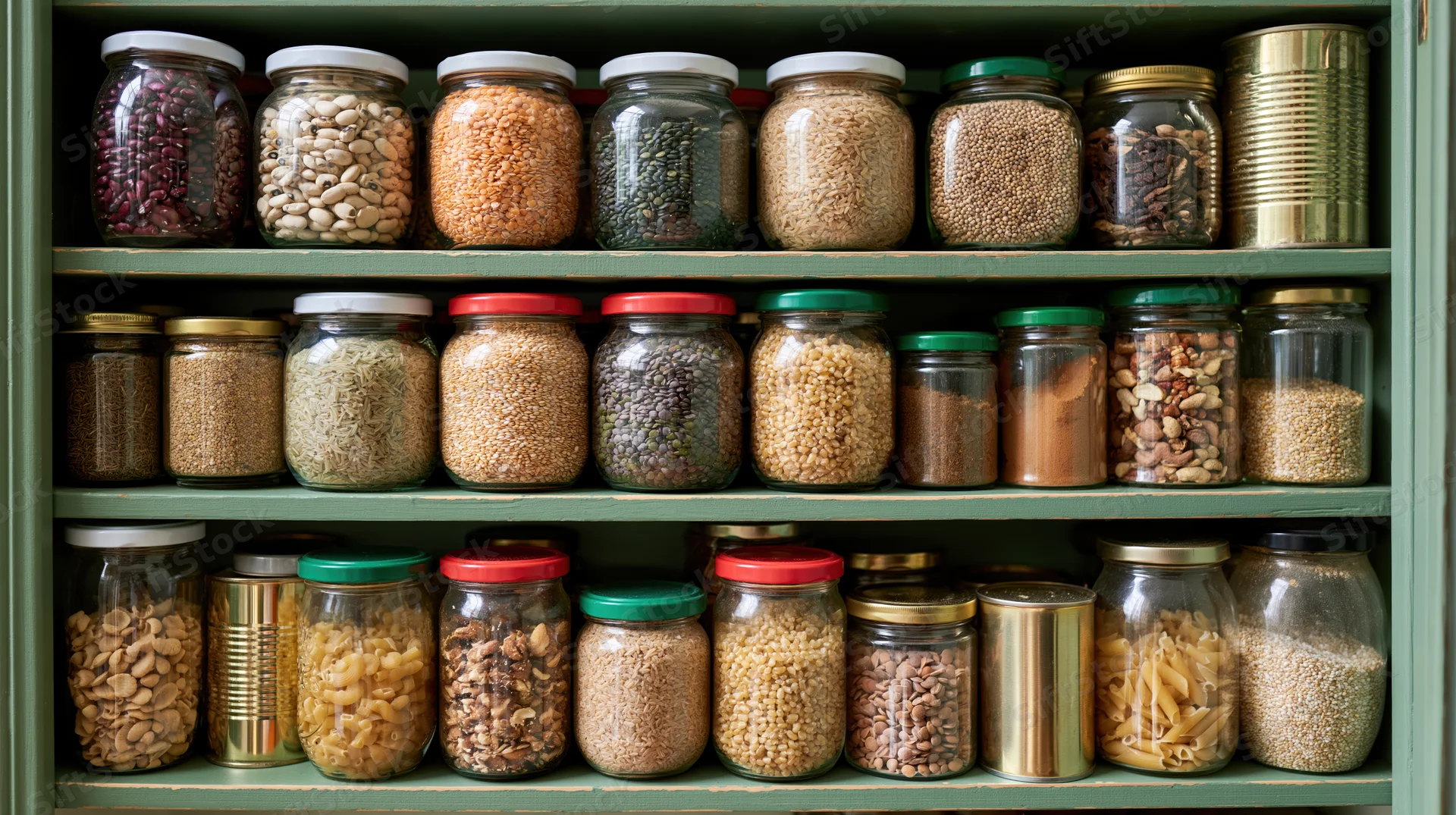 Glass jars filled with dried beans and lentils arranged on green pantry shelves
