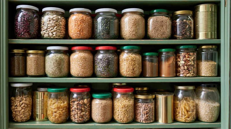 Glass jars filled with dried beans and lentils arranged on green pantry shelves