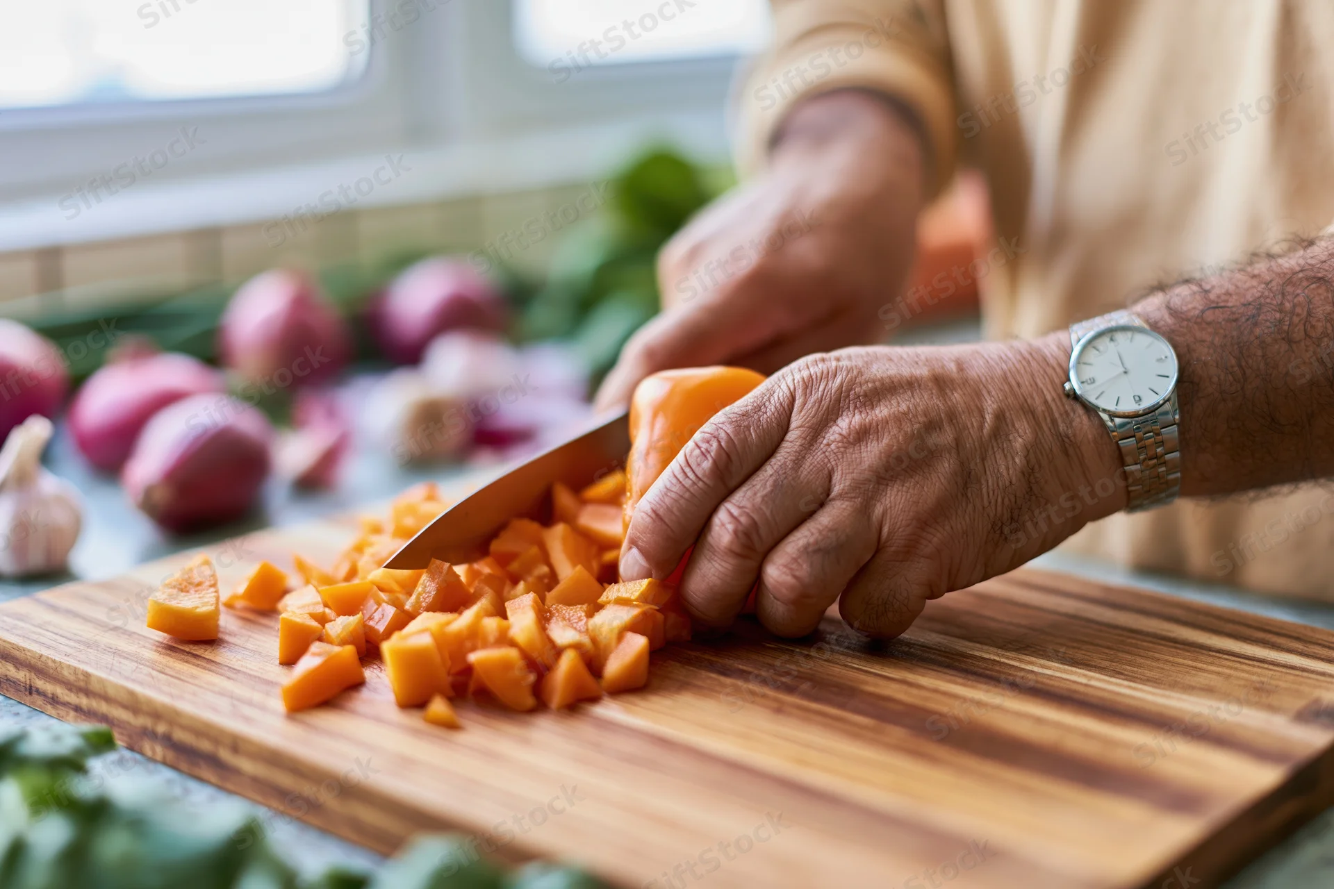 Man chopping orange bell pepper on wooden cutting board in kitchen
