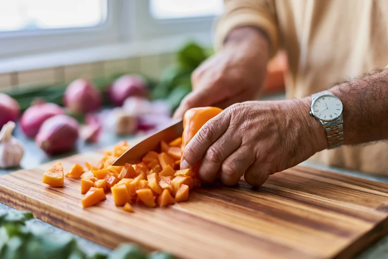 Man chopping orange bell pepper on wooden cutting board in kitchen