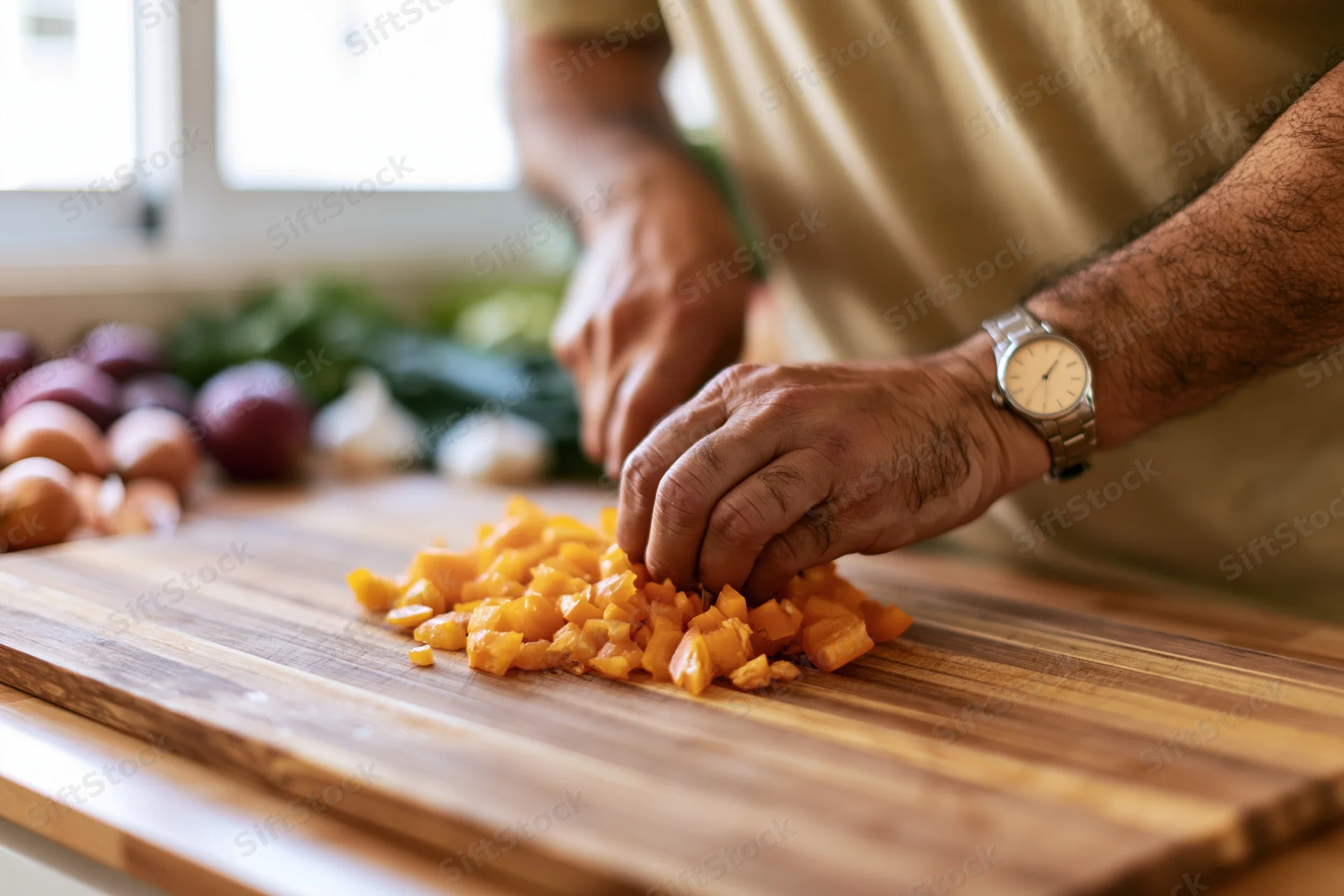 Man chopping orange bell pepper on wooden cutting board in kitchen