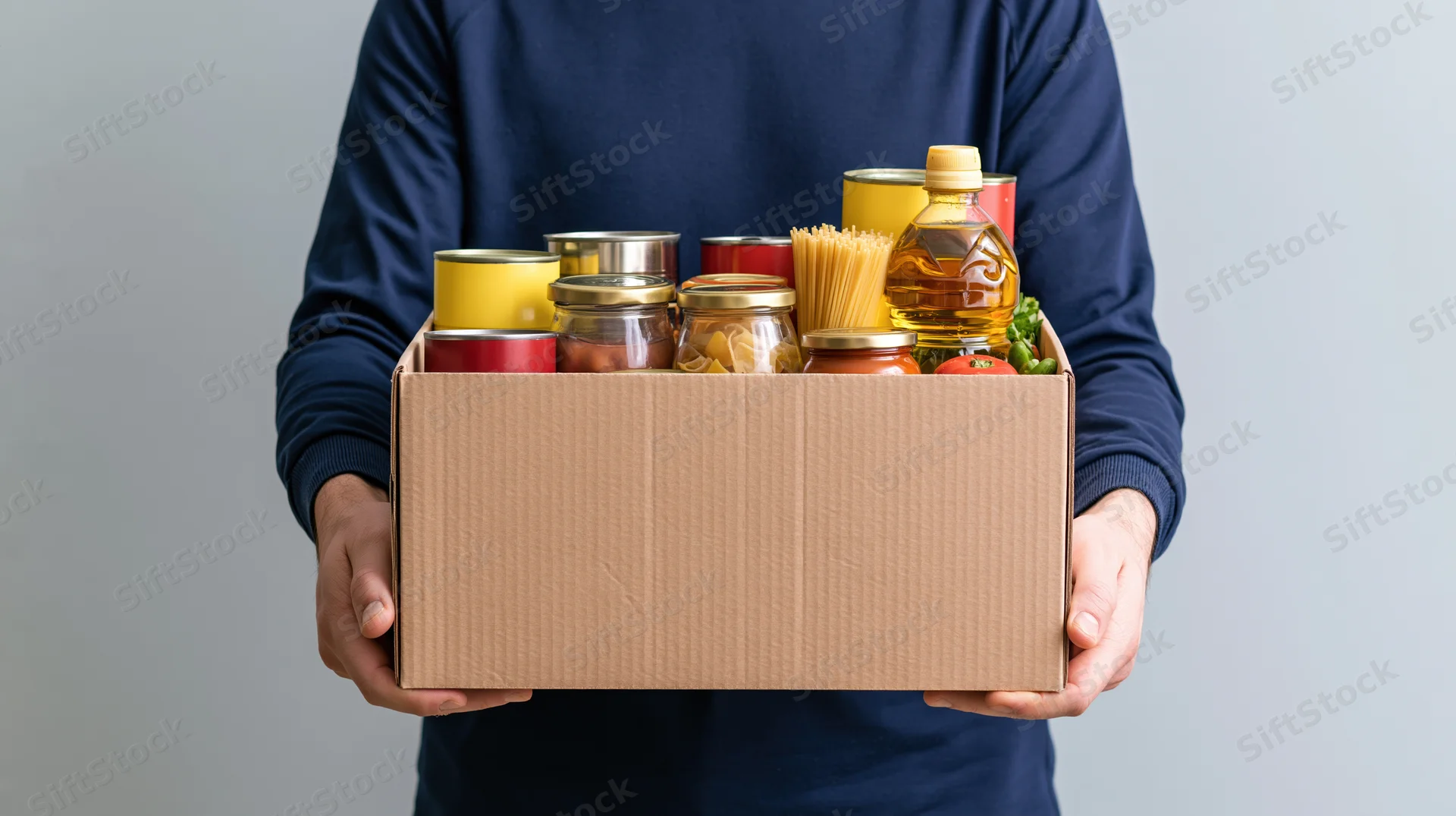 Person holding a cardboard box filled with groceries for donation