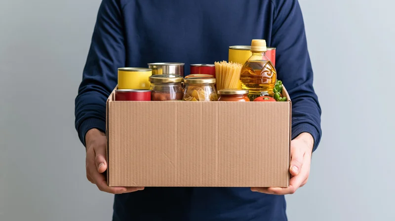 Person holding a cardboard box filled with groceries for donation