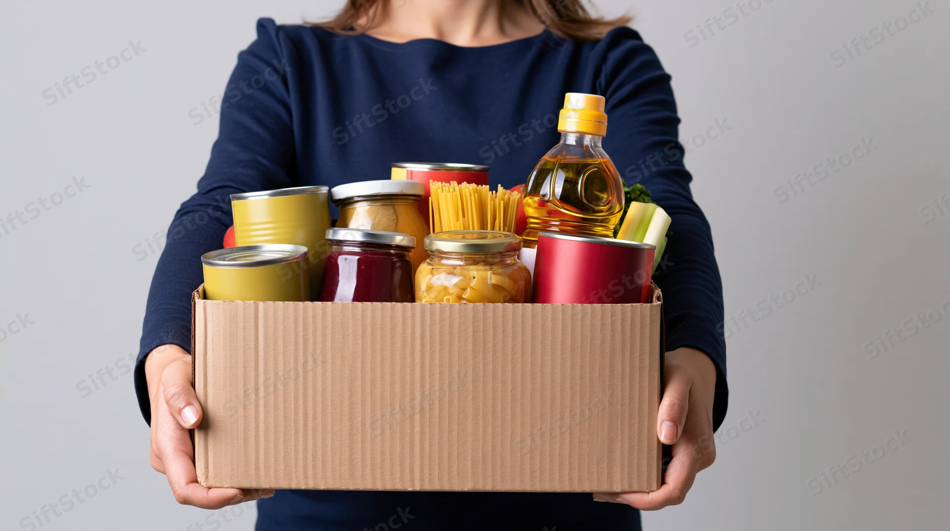 Woman holding a cardboard box filled with food donations