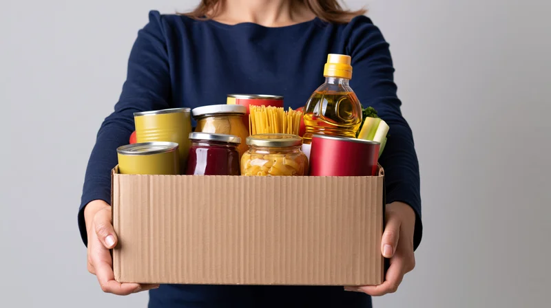 Woman holding a cardboard box filled with food donations