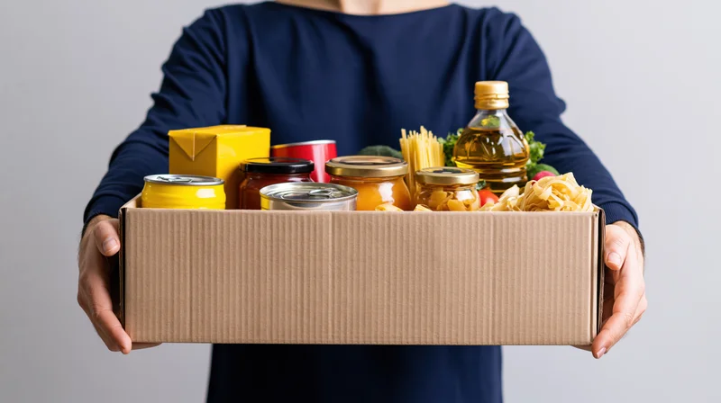 Woman holding a cardboard box filled with groceries for food bank donation