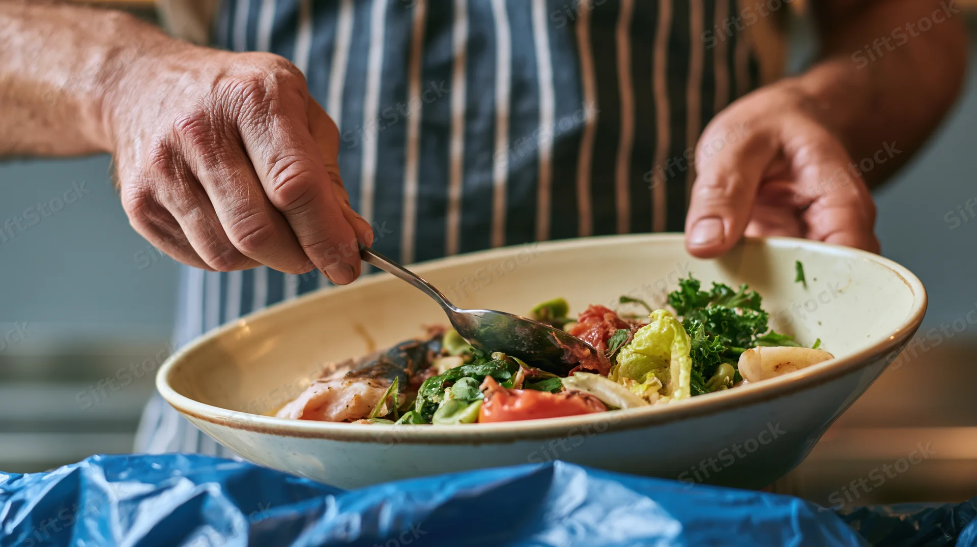 Man in striped apron scraping leftover food from bowl into blue trash bag