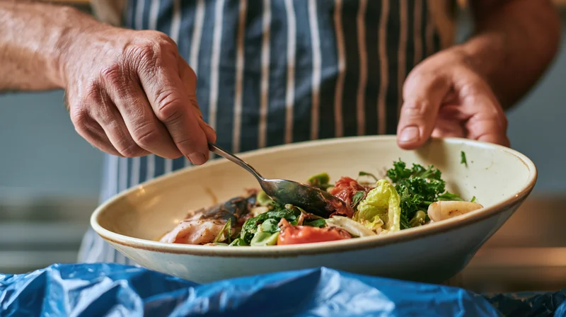 Man in striped apron scraping leftover food from bowl into blue trash bag