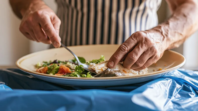 Elderly man scraping leftover fish and salad from a plate into a blue plastic bag for food waste disposal