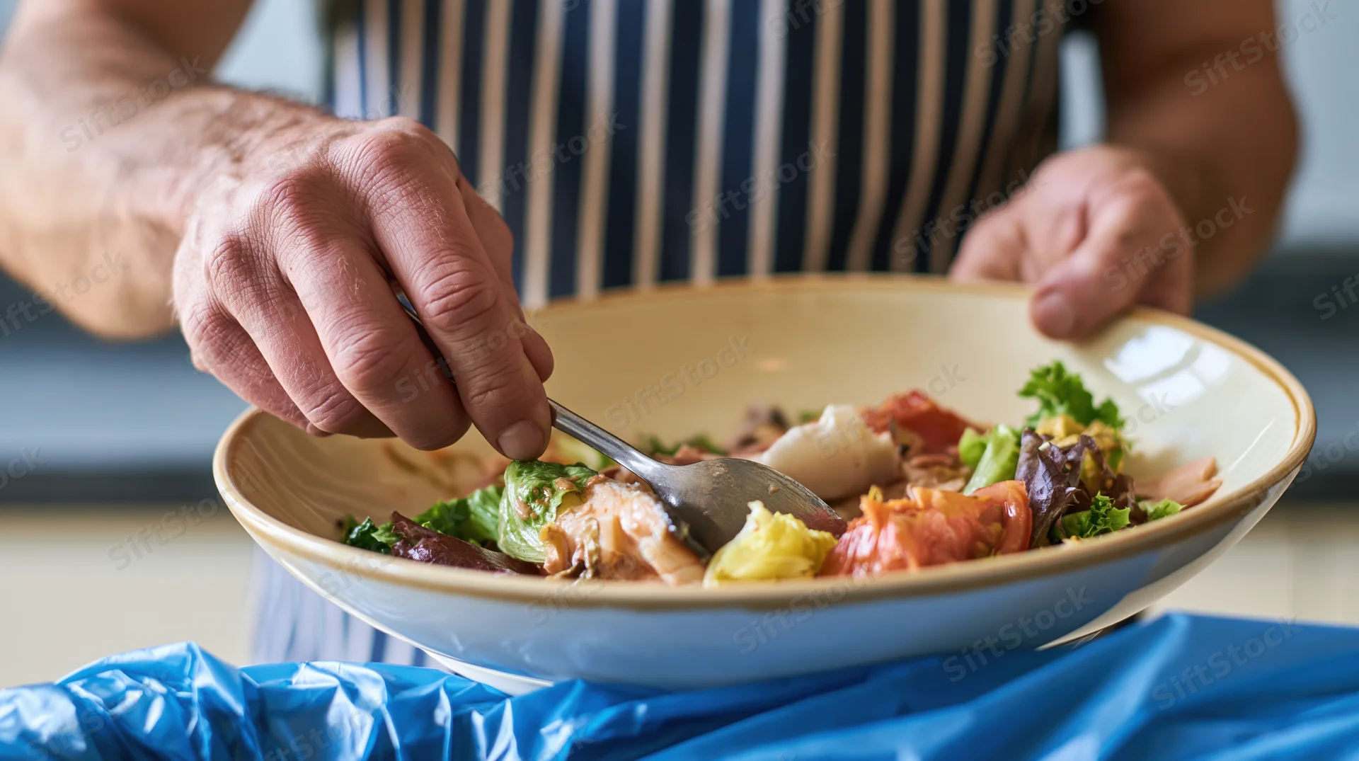 Man in striped apron scraping salad leftovers into blue plastic bag