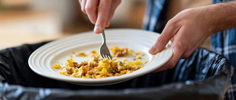 Man scraping food scraps from a white plate into a trash bin
