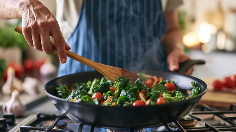 Person stirring colorful vegetables in a pan on a gas stove in a kitchen