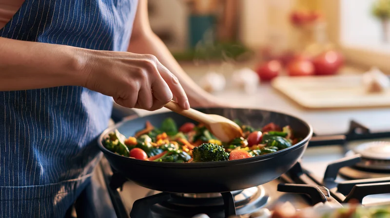 Woman stirring colorful vegetables in a pan on a gas stove in a kitchen