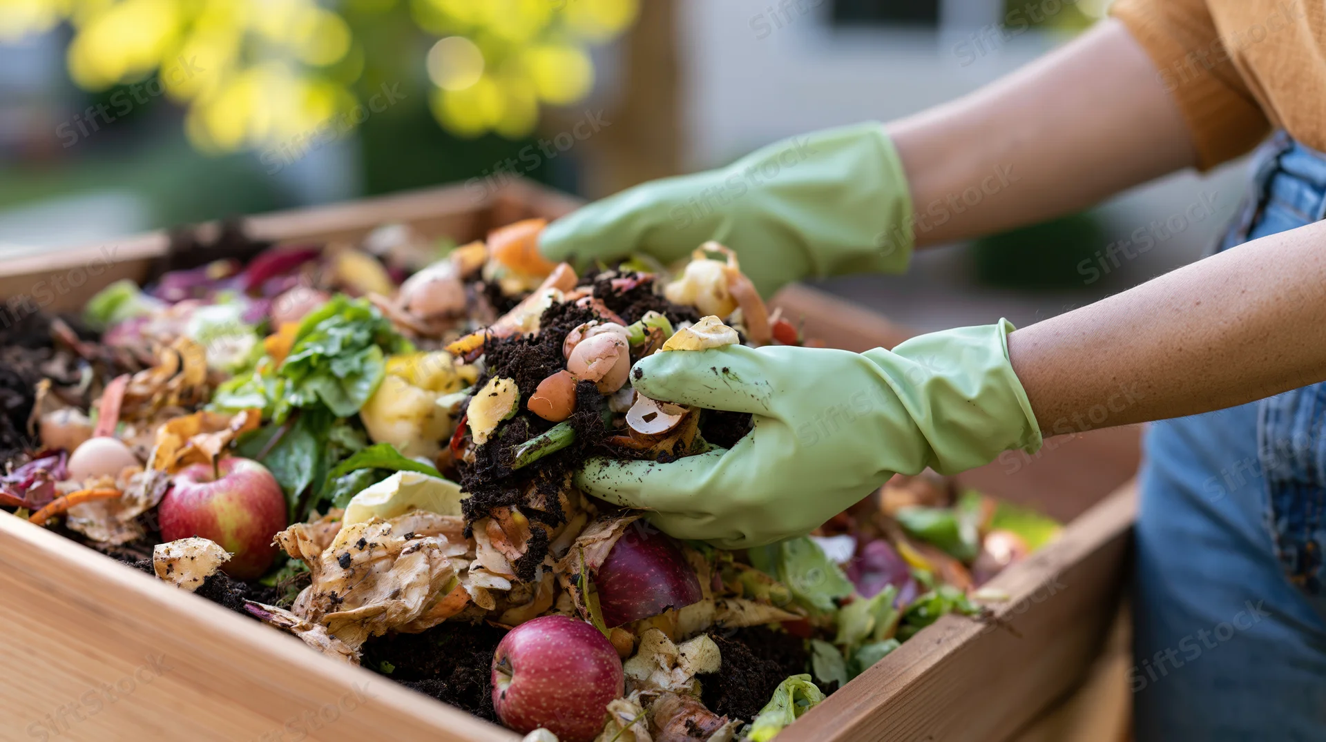 Woman in green rubber gloves turning compost in wooden bin outdoors