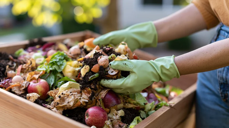Woman in green rubber gloves turning compost in wooden bin outdoors