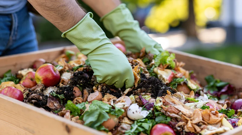 Hands in green rubber gloves turning compost in a wooden bin outdoors