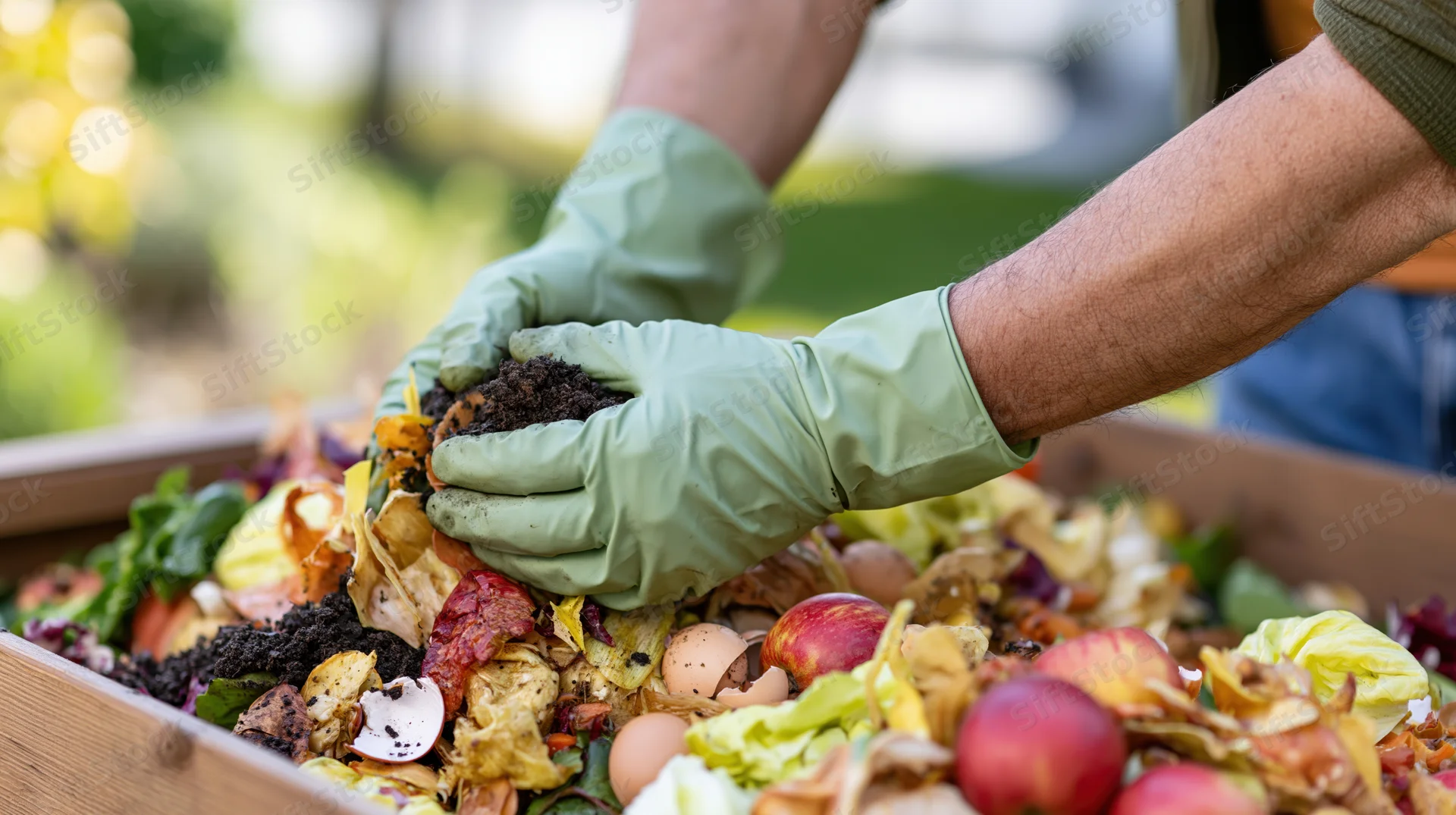 Hands in light green rubber gloves turning compost in a wooden bin filled with food scraps and soil